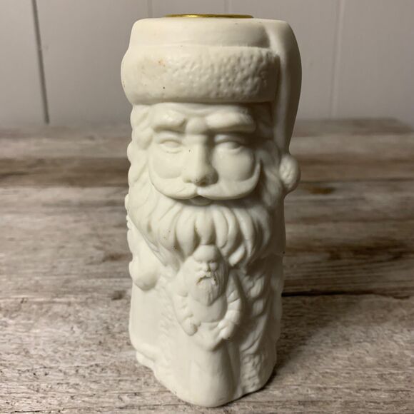 Santa Claus Christmas Pillar Candle Holders Ceramic Decor 5 in. Vintage Taiwan - Picture 2 of 10